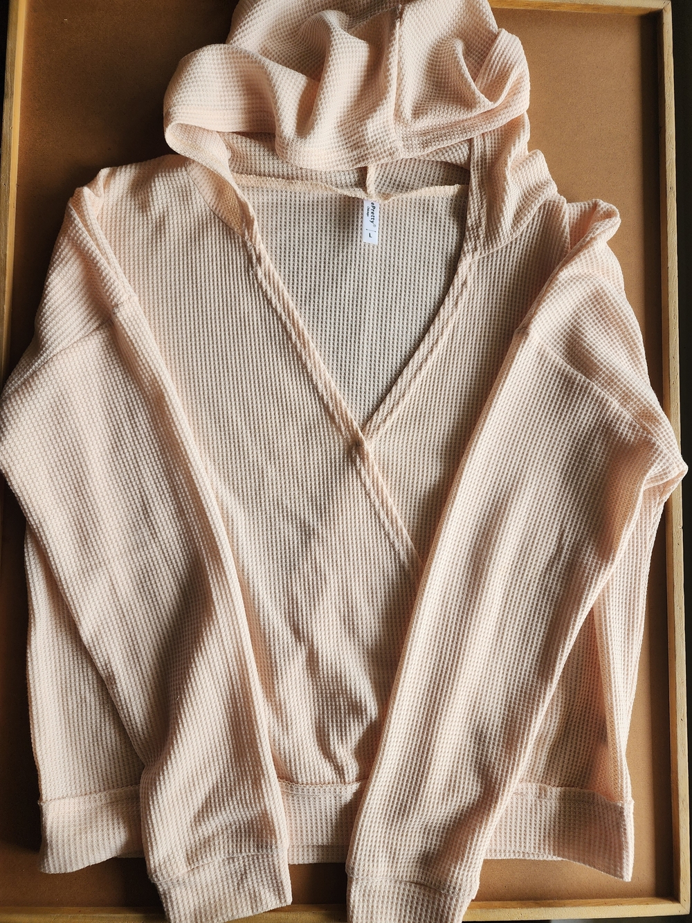 Soft Waffle Knit Hooded Pullover Sweater | Cream/Blush Pink | Cozy Lounge Top L